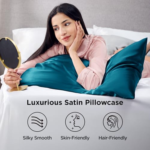 Image of Bedsure King Size Satin Pillowcase Set of 2 - Teal Silky Pillow Cases for Hair and Skin with Envelope Closure, Similar to Silk Pillow Cases, Gifts for Women Men, 20x36 Inches, 2pcs