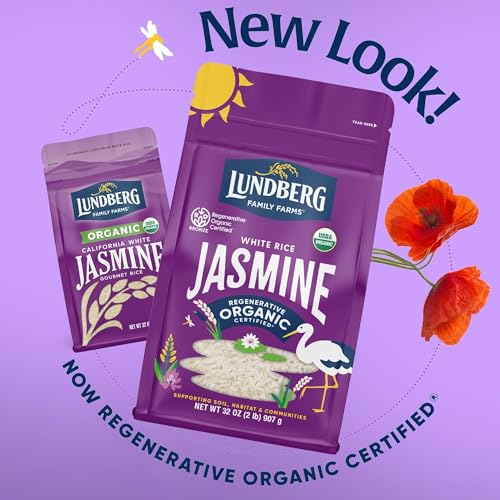 Image of Lundberg Jasmine Rice, Regenerative Organic Certified, 6-Pack - Non-Sticky, Aromatic Long-Grain White Rice, Responsibly Grown in California, 32 Oz Ea