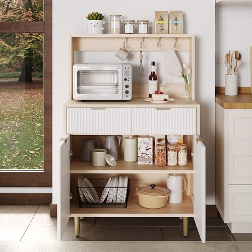 Fluted Sideboard Buffet Cabinet with Storage, Modern Coffee Bar Cabinet with Adjustable Shelves & 2 Drawers, Wood Buffet Console Table for Kitchen Dining Living Room Entryway Hallway, Natural