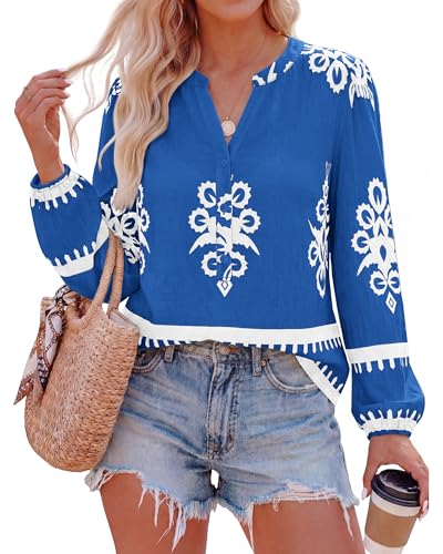 BTFBM Womens Tops Spring Casual Long Sleeve Shirts Button Up V Neck Bohemian Blouses Loose Tunics Vacation Outfits(Lake Blue White Floral,X-Large)