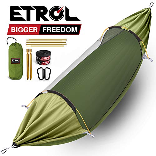 ETROL Camping Hammock with Mosquito Net,3 in 1 Function Parachute Portable Hammock,Double & Single Hammocks Tent for Travel Outdoor Indoor Hiking Patio - with Tree ​Straps,Carabiners,Aluminium Poles