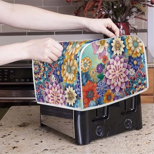 Image of 2 Slice Toaster Cover with Handle, Universal Fits, Boho Flower Purple Blue