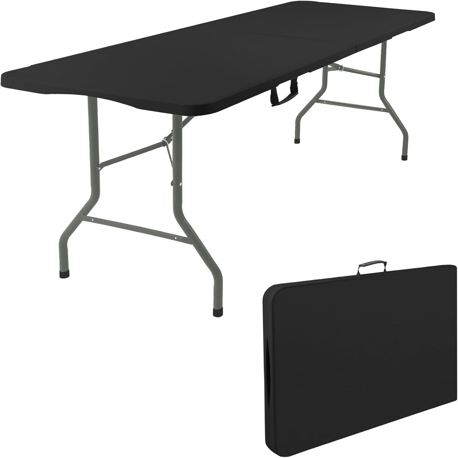 Fivenl 2 Pack 6 Feet Portable Folding Table Black, Steel Legs Fold-in-Half with Carrying Handle Rectangular Plastic Foldable Table for Party, Wedding, Camping, Picnic, Dining, Indoor Outdoor Events