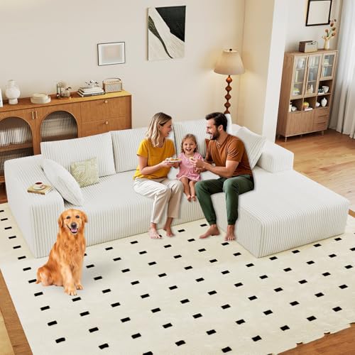 Image of 96 inch Modular Sectional Sofa, Modern Corduroy Cloud Couch with Deep Seat, Boneless Couch Upholstered 3-Seater L-Shaped Sofa for Living Room, No Assembly Required (White, Right-Facing Chaise)