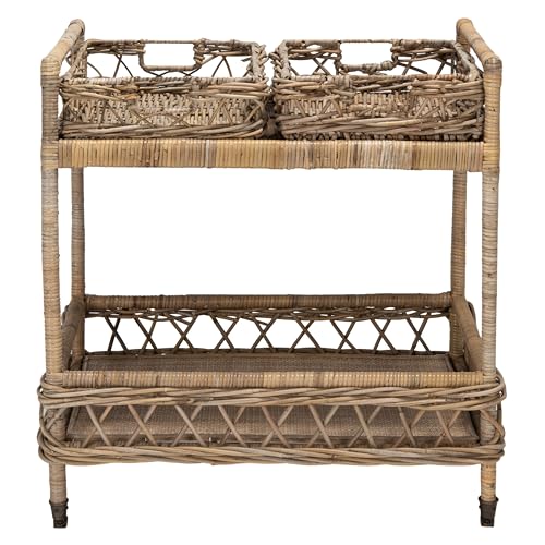 Safavieh Home Collection Ambrose BCT6500A Grey Wash and Antique Brass 2 Tier Rattan Bar Cart