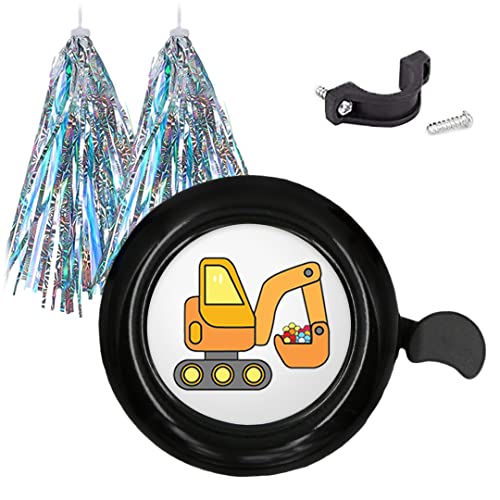 Cartoon Excavators Bike Bell with Bike Tassel Ribbons Bike Streamers Orange Excavators Bicycle Bell Bike Accessories for Kids Boys Girls Black