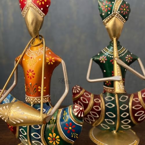 Image of Sitting Sardar Set of 2 Golden Handcrafted Rajasthani Musician Figurines, Traditional Metal Table Decor Showpiece for Office Desk, Corporate Bulk Gifting (2x10x16 cm)