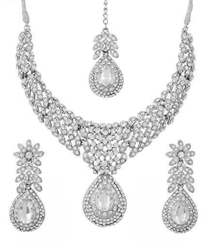 Touchstone Indian Bollywood White/Pink Crystals Wedding Evening Bridal Jewelry Necklace in Silver Tone for Women