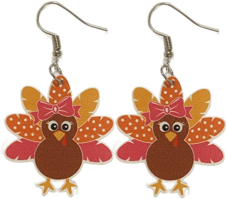 Cute Affordable Pair of Colorful Fun Turkey Earrings for Women. Fun Affordable Drop and Dangle Turkey Earrings for Thanksgiving. Great Pair of Turkey Feather, Turkey Earrings for Thanksgiving. Drop and Dangle Cartoon Turkey Earrings for Women.