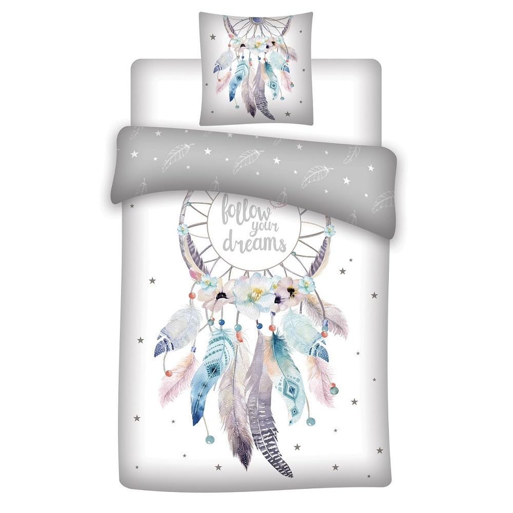 Familando Juego de ropa de cama de 2 piezas, funda nórdica de 135 x 200 cm, para adolescentes, 100% algodón, con flores y plumas, color gris