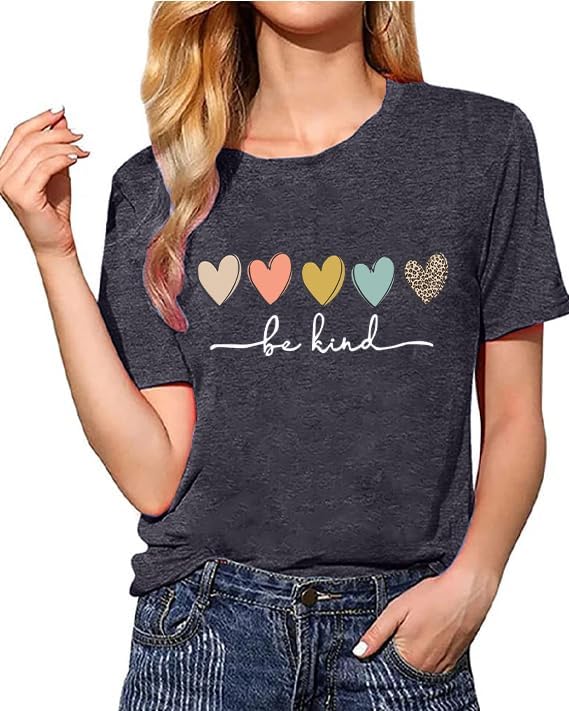 Be Kind Shirt Women Heart Print Vintage Graphic Tee Inspirational Teacher Tops Short Sleeve - Image 2