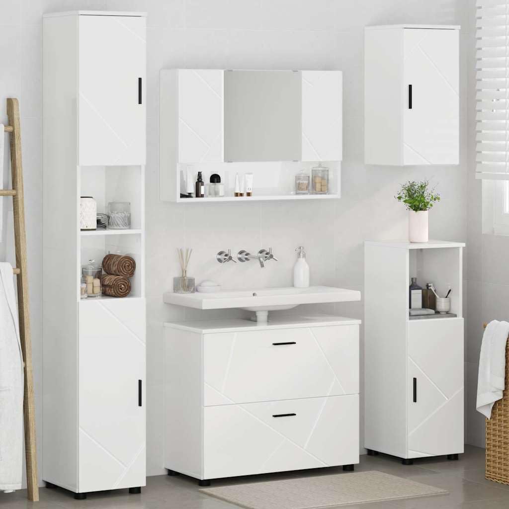 Juego de Muebles de baño con cajón 5 pcs Brillante, Acabado Mate y Textura Suave para Almacenamiento Funcional y diseño Moderno, gabinete Lavabo Espejo y Tres gabinetes más,