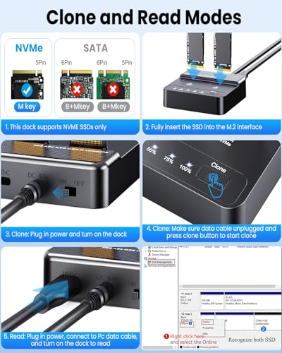 Image of Dual Bay NVMe SSD Cloner & Duplicator - 20Gbps USB 3.2 Gen 2x2 M.2 Enclosure Dock, Tool-Free Offline Clone Reader /Adapter for PCIe NVMe SSDs (M-Key /B+M Key) Supports 2230 2242 2260 2280 22110