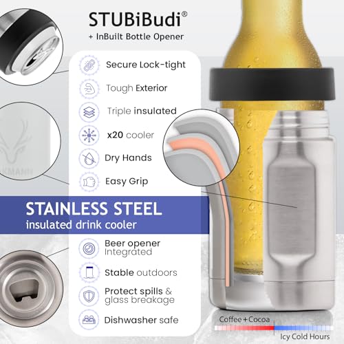 Image of Stainless Steel Beer Cooler With Bottle Opener, Vacuum Insulated Can Cooler 12 oz for Bottles Cans, 4-in-1 Universal Insulator Coozy for Bottles Cans, Beer Gifts for Birthday (White)