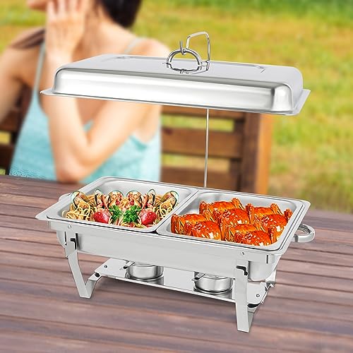 HuKaiL 4.5L*2 Edelstahl Warmhaltebehälter, Speisewärmer Chafing Dish mit Aufhängbarer Deckel, Warmhaltegerät Buffetwärmer für Cafeterias, Hotel, Schulkantinen, Bankette, 55.2 * 35.2 * 26.3cm – Bild 3