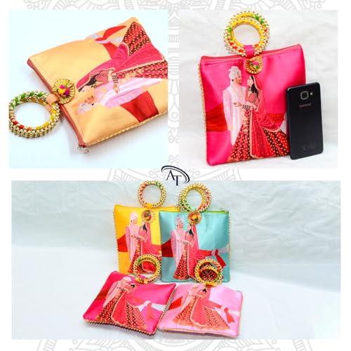 Image of Women Potli Bags Pack of 18| Gifting Potli with Zip & Bangle Handle | Traditional Shagun Return Gifts Potli for Mehandi, Haldi, Baby Shower, Wedding, Sangeet (Couple Print)