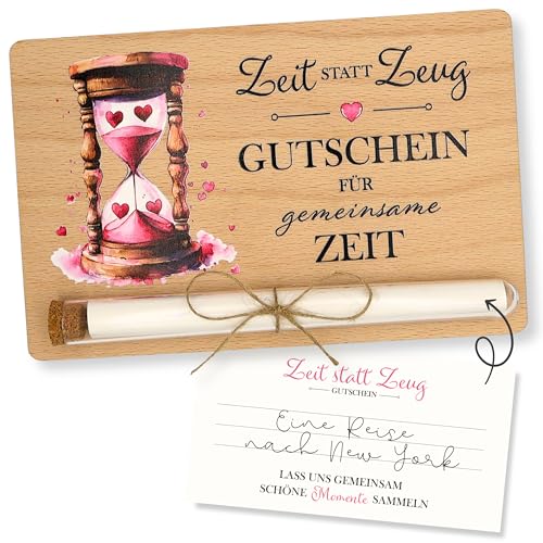 ZUKLA Zeit statt Zeug Gutschein - 17 x 11 cm - mit Reagenzglas - Geldgeschenk Verpackung aus Holz - Zeit zu Zweit Geschenk