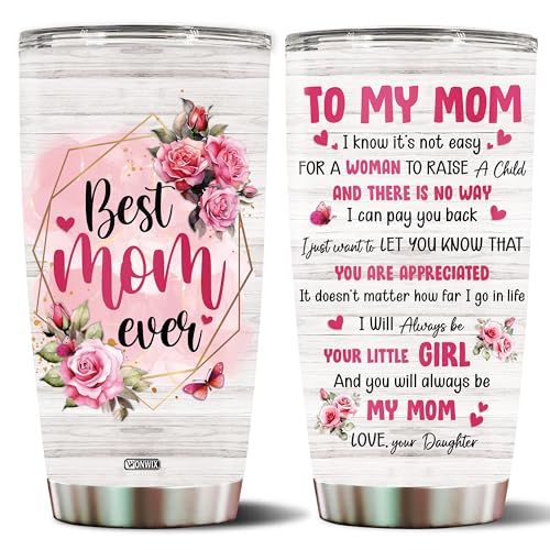 WONWIX Cadeau d'anniversaire pour femme, maman, de la part de sa fille, amie, mère, Noël, cadeau inspirant unique « Best Mom Ever » - Gobelet de 591 ml avec couvercle isotherme - Tasse à café de