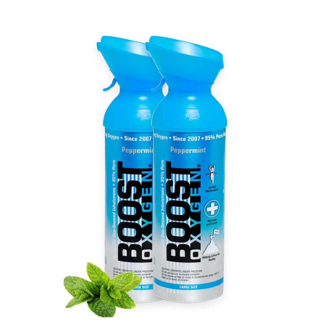 Boost Oxygen - Bombola di Ossigeno Portatile - Bomboletta di Ossigeno Puro e Naturale al 95% - Concentrazione, Recupero, Energia, Umore, Largo - 18Lt,2x9Lt (2x Pacchi - 300 Inalazioni)- Menta Piperita | Bomboletta di Ossigeno Puro al 95% Portatile per Rec