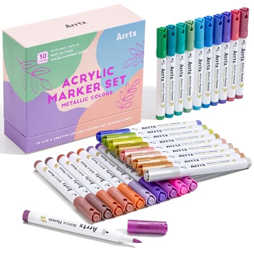 Arrtx アクリルマーカー メタリックカラー 30色 筆先アートマーカー 滑らかな書き心地 ロックペインティング ガラス 木 セラミック ファブリック ストーンクラフト アート DIY クラフト用