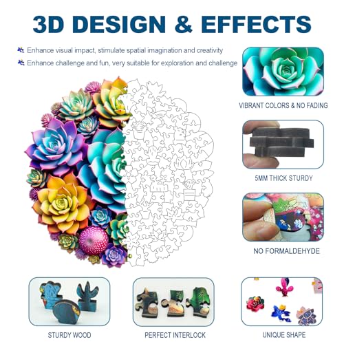 Wooden Puzzles for Adults, Succulent Plants 200 Piece Unique Shaped Wood Puzzle, Creative Wooden Jigsaw Puzzle Gift, Family Game, Wall Art Decor, 11 x 11 Inch - Image 3