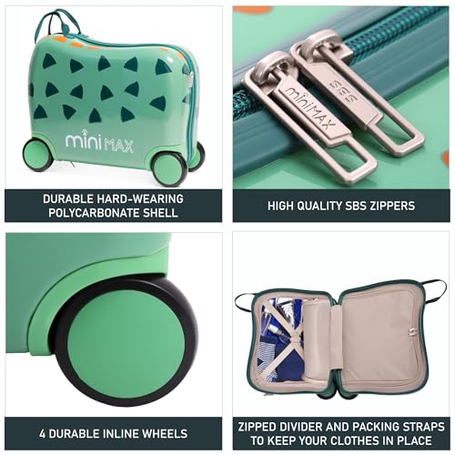 MiniMax 45x36x20cm 29L Kids Ride-On Suitcase - Easyjet Max Size Childrens Rolling Carry On Hand Cabin Luggage Suitcase 45x36x20 4 Wheels - Green Dinosaur