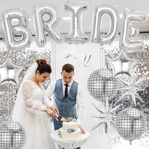 Image of Silver Bride Balloons Bachelorette Party Decorations, 32in Silver Giant Bride Balloons with 4D Disco Ball Balloon and Star Foil Balloon for Bridal Shower Wedding Engagement Party Supplies
