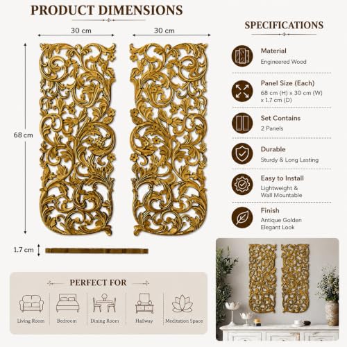 Image of VAS Collection Home Floral MDF Wall Decoration Panel, Wall Decoration Hanging, Wood Carving Wall Decoration Panel for Living Room, Bedroom, Hallway, Office (12 inch Inch X 27 inch Inch (Gold)