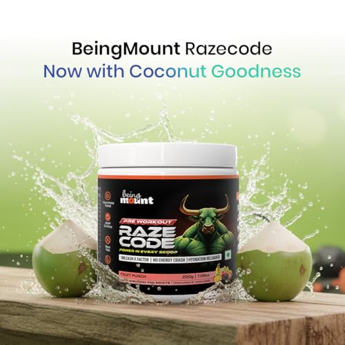 Image of BeingMount Raze Code Pre Workout Supplement, Fruit Punch Flavour, Power Formula with X Factor, No Energy Crash, Hydration Reloaded, 200g