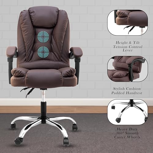Image of Italia Premium Leatherette Office Chair for Work | Boss Chair, Ergonomic Executive, Luxurious Cushioned Arms & Seat, 2 Point Back Massager, Heavy Duty Metal Base (Brown)