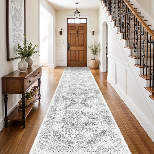 EISUROM Washable 2'6''x12' Runner Rug - Non-Slip Vintage Runner Rug for Entryway Low-Pile Medallion Long Rugs for Hallway Waterproof Traditional Runner Rugs Indoor Thin Rug for Kitchen Grey