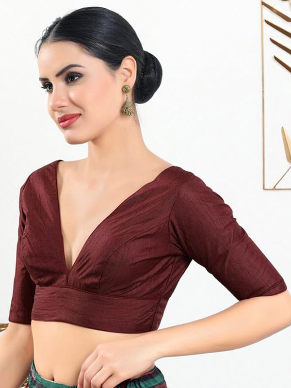 Image of Dupion Silk Solid Non Padded Saree Blouse Top V-Neck Short Sleeves Hook and Eye Closure and Tie-Up Back Choli
