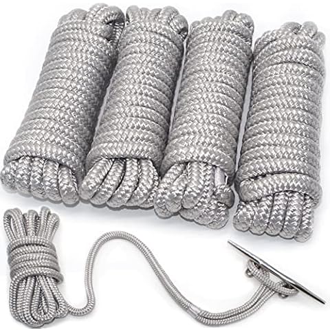 INNOCEDEAR 4 Pack 1/2” X 15’ Dock Lines|Marine-Grade Double-Braided Nylon Dock Line with 12” Eyelet.Hi-Performance Boat Rope Mooring Rope Dock Line(Gray) Cover