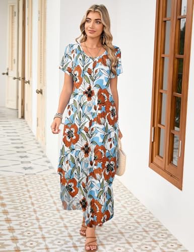 Image of JollieLovin Womens Plus Size Casual Summer Maxi Long Dress Short Sleeve T-Shirt Loose Sun Dress(L-5X)