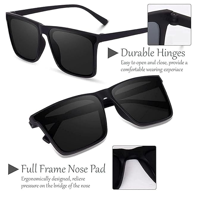 Image of Rectangular Sunglasses, Black Frame, Dark Grey Lenses, Retro Style-Men Women