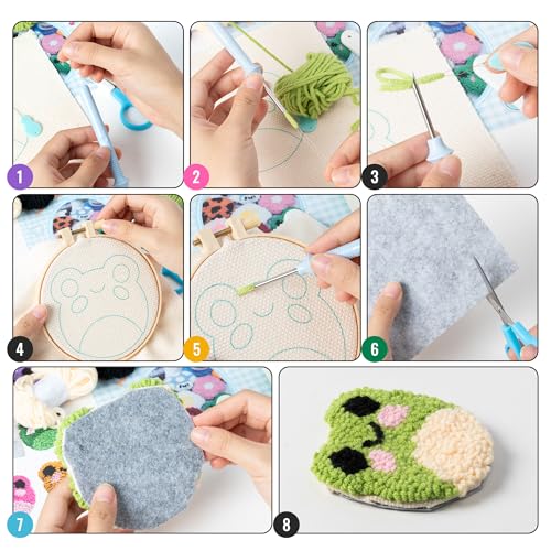 Image of WATINC Frog Punch Needle Coaster Kit - 22Pcs Crafts Punch Needle Coasters Kits for Beginners, Frog Patterns Coaster Tufted Rug Pads with Adhesive Felt Yarns Embroidery Hoop Instruction