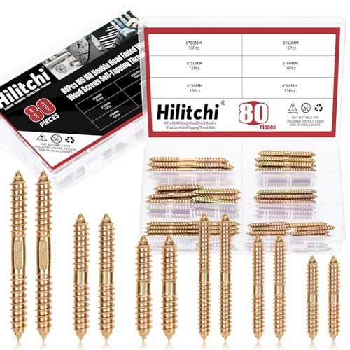 Hilitchi 80 piezas tornillos de espiga doble cabeza, 6 tamaños, zinc coloreado, para madera