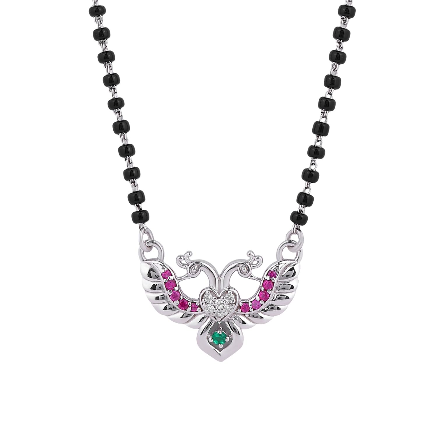 925 Sterling Silver black bead anti-tarnish hypoallergenic 18k Micron Premium Rhodium-plated Peacock Design Ruby Green Pendant Mangalsutra Necklace | Gift for Women | Pure Silver Gift for Wife-image-27