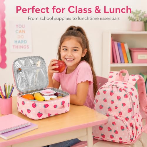 Image of LOIDOU Kids Backpack with Lunch Box Set, Toddler Preschool Boy Backpack with Chest Strap Kindergarten Backpack LunchBox Combo (Strawberry)