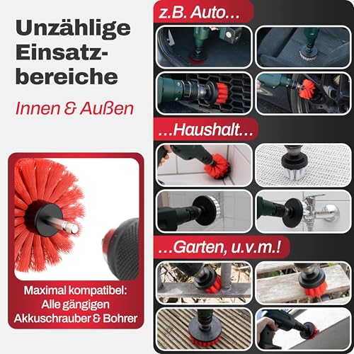 Bürstenaufsatz Akkuschrauber [6er Set] Reinigt universell Auto, Felgen, Polster, Fliesen & mehr I Reinigungsbürste Akkuschrauber I Bürstenaufsatz Bohrmaschine