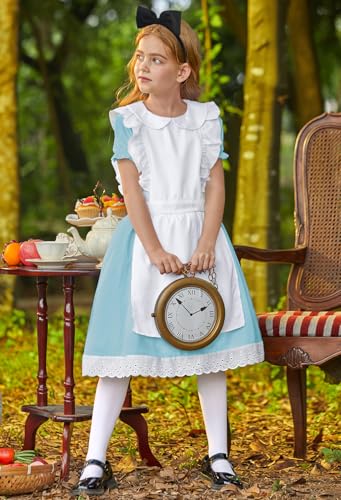 BesserBay Halloween Girls Puff Sleeve Tie Waist Peter Pan Collar Blue Dress with Headband Stockings 4-14 Years3