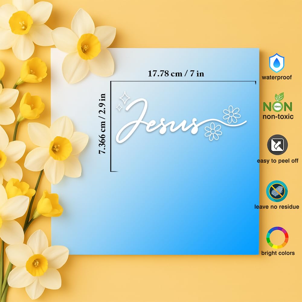 Condition photo showing New/Like New for Christian Decal 7x2.9in – “Jesus” Handwritten Script with Floral Snow Detail – Waterproof White Vinyl Sticker for Car Window, Laptop, Motorcycle – Removable Minimalist Faith Design