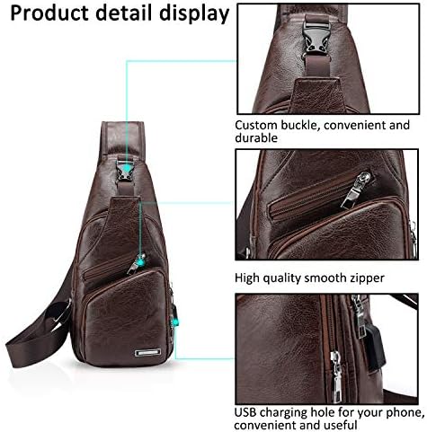 FANDARE New Sling Bag Chest Bag with USB Charging Port Earphone Hole Sport Gym Student One Shoulder Backpack Men Outdoor Shoulder Bag Waterproof PU Dark Brown A