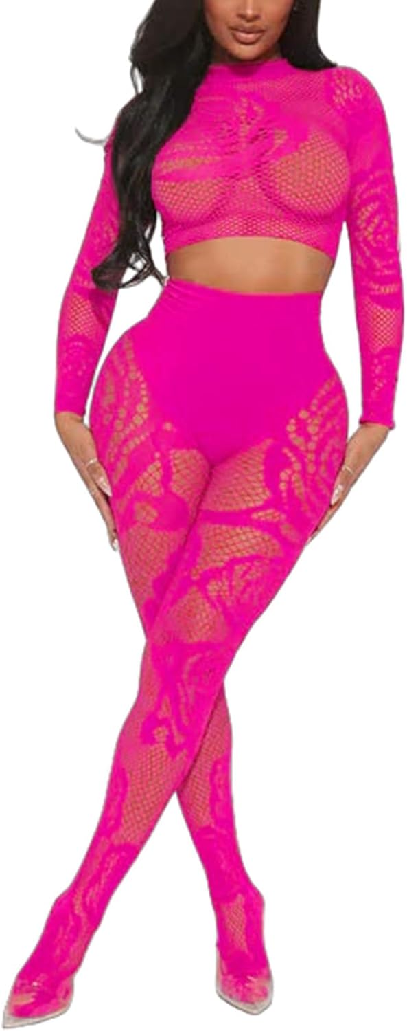 Women's Sexy Fishnet Seamless 2 Piece Outfits Mock Neck Long Sleeve Crop Top Legging Set Club Lingerie Sets