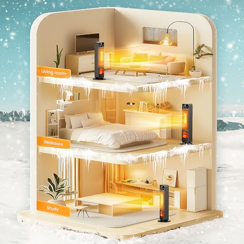 Tower Heater and Fan Combo, 1500W PTC Electric Fireplace Heater W/ 3D Flame, 90° Oscillation Space Heater Fan Combo for Indoor Use, Child Lock & Eco Mode, 12h Timer, Remote Control, Home & Office image 2