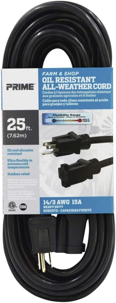 Prime Wire & Cable EC532725 25-Foot 14/3 SJTOW Farm and Shop Extension Cord, Black