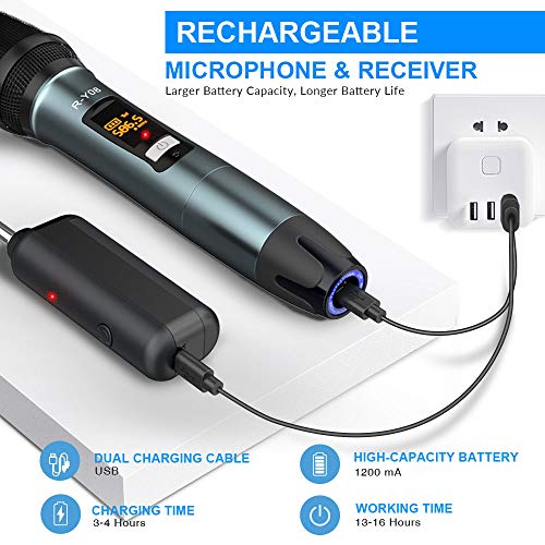 Wireless Microphone UHF Rechargeable(Work 13-18hs) Cardioid Dynamic Mic Handheld Wireless mic System for Karaoke, Singing, Stage, Interview, Church, PA Speaker, Amplifier, Mixer, Camera, Laptop, 164ft