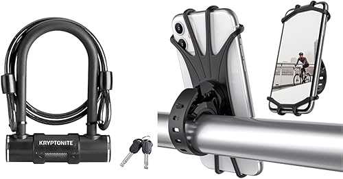 Kryptonite Candado en U para bicicleta con cable de acero trenzado, cerradura antirrobo en U de bicicleta de alta seguridad, soporte de teléfono