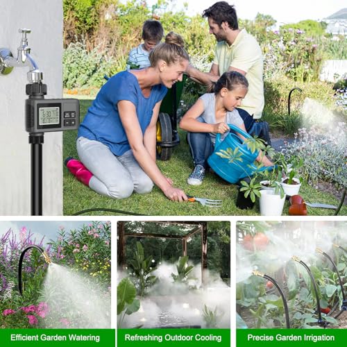 HEKIWAY 60FT Drip Irrigation System with Water Timer – Automatic Garden Watering Kit with 360° Bendable Hose & Adjustable Nozzles, Smart Irrigation System for Greenhouse, Lawn, Yard & Plants