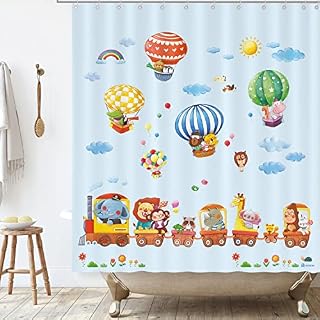 BASHOM BSC-217 Animal Tran & Hot Air Balloons Shower Curtain set for Kids Waterproof washable Decorative Bathroom 71''x71'' (180x180cm) Polyester Fabric with 12 Hooks Colourful educational